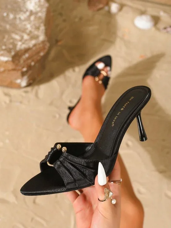 Black Elegant Women's Satin Metal detail Open Toe Slippers High Heel Sandals - Picture 2 of 7